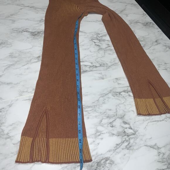 LES FRIDAY Ribbed Knit Waist Cut Out Bell Bottom Slit Pants Brown XS Stretch - Picture 8 of 10